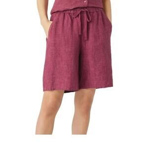 Eileen Fisher Organic Linen Drawstring Mid-Thigh  Shorts In Berry XL Pockets